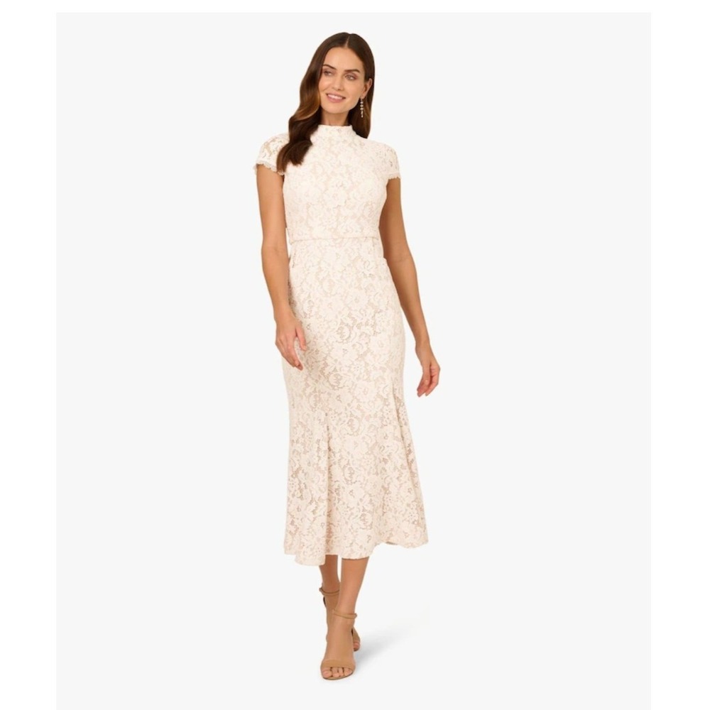 NWT Adrianna Papell Ivory Nude Floral Lace Mock Neck Ankle Length Dress 4 Bridal